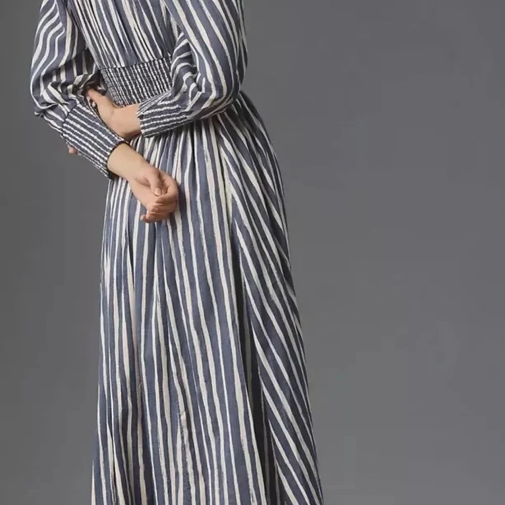 Anthropologie Long Sleeve Sweetheart Maxi Midi Dress Blue Motif - Picture 3 of 9
